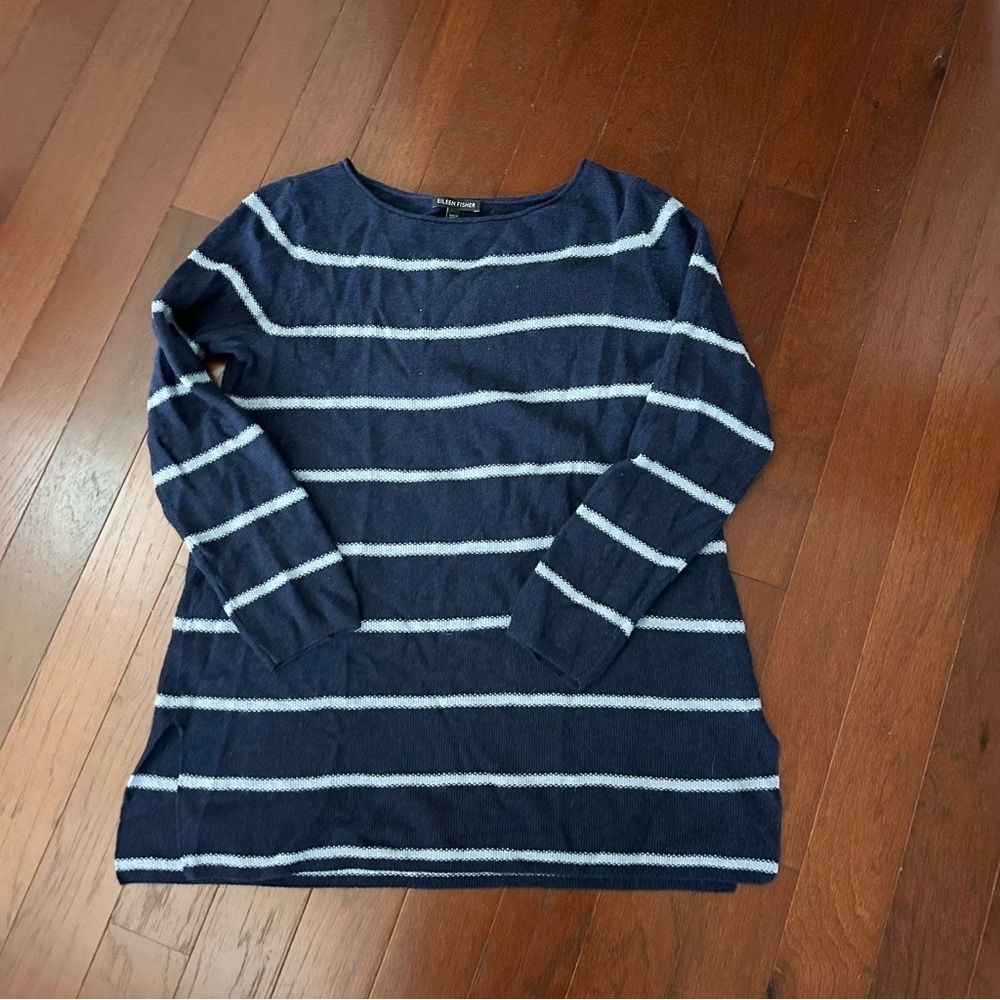 Eileen Fisher Women's Navy Striped Boat Neck Pullover Sweater Size XS wool blend - Picture 3 of 9